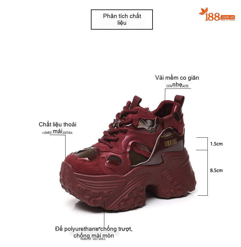 Giày Sneaker Nữ Đế Cao Khoảng 8.5cm Phong Cách Ulzzang Màu Đỏ, Xám, Trắng chi tiết 3