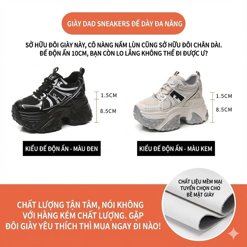 Giày Sneaker Nữ Đế Cao Khoảng 8.5cm Quai Dây Thoáng Khí Màu Đen, Trắng