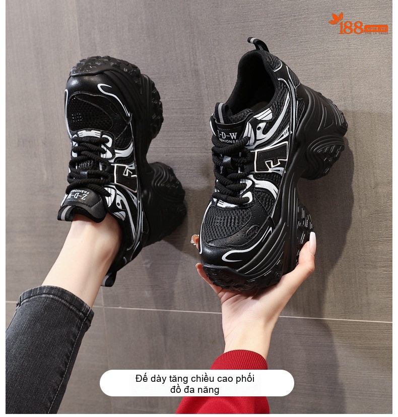 Giày Sneaker Nữ Đế Cao Khoảng 8.5cm Quai Dây Thoáng Khí Màu Đen, Trắng chi tiết 1