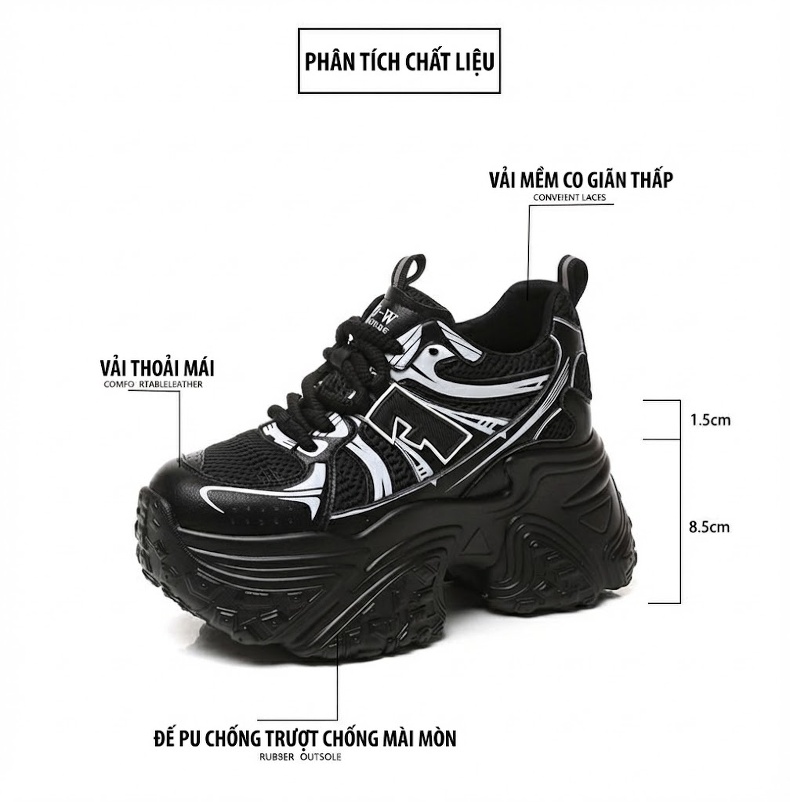 Giày Sneaker Nữ Đế Cao Khoảng 8.5cm Quai Dây Thoáng Khí Màu Đen, Trắng chi tiết 3