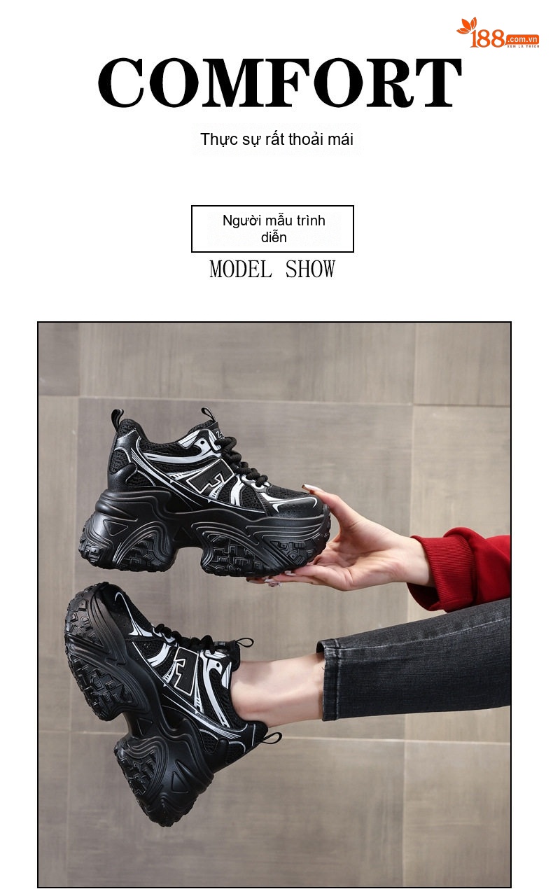 Giày Sneaker Nữ Đế Cao Khoảng 8.5cm Quai Dây Thoáng Khí Màu Đen, Trắng chi tiết 12