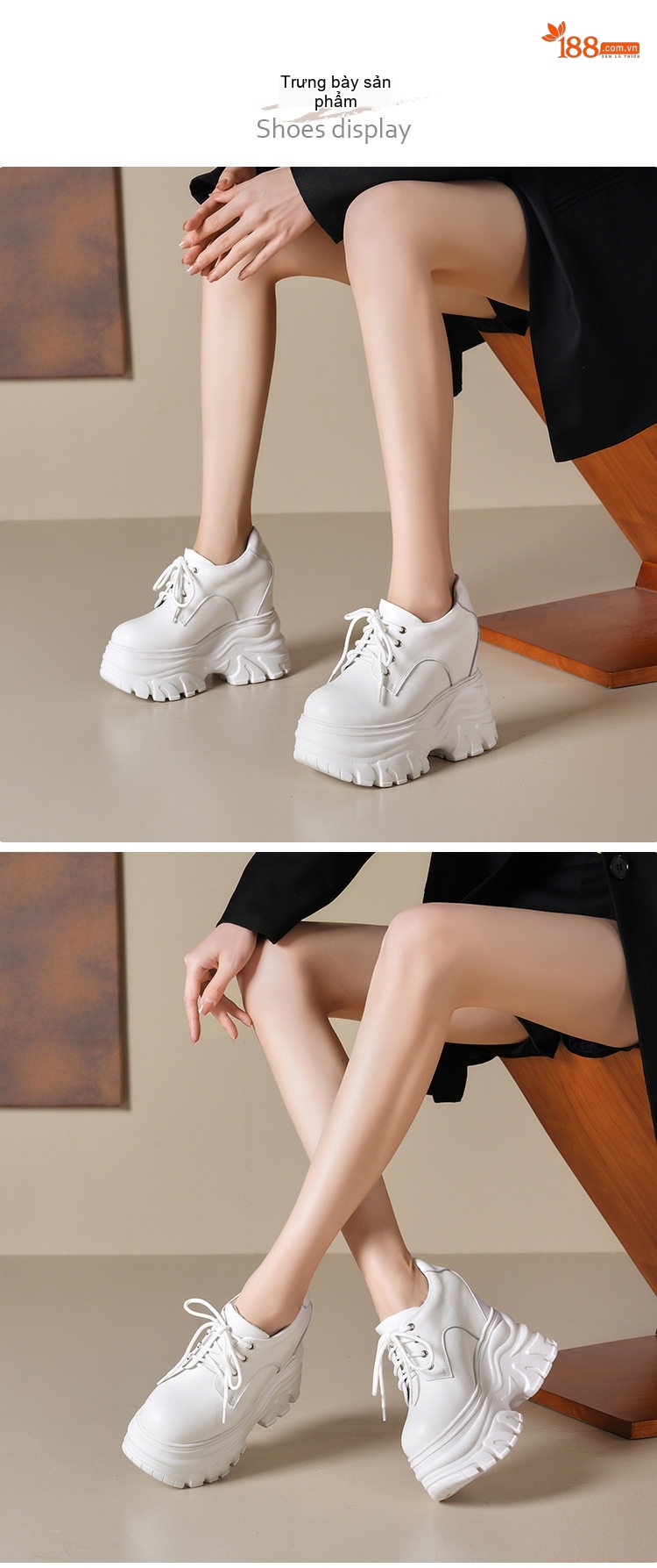 Giày Sneaker Nữ Đế Cao Platform Da Bóng Buộc Dây Chiều Cao Đế Khoảng 6cm Màu Trắng, Hồng, Đen chi tiết 1