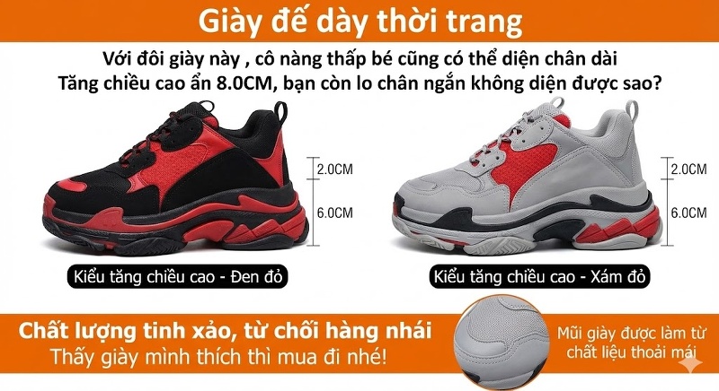 Giày Sneaker Nữ Đế Cao Thời Trang Đính Đá Chiều Cao Đế 8cm Màu Đen, Xám