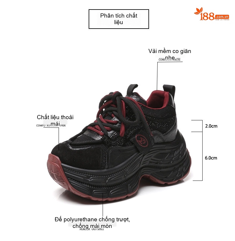 Giày Sneaker Nữ Đế Cao Thời Trang Đính Đá Chiều Cao Đế 8cm Màu Đen, Xám chi tiết 3