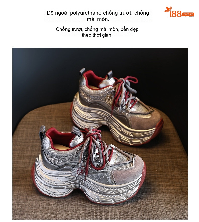 Giày Sneaker Nữ Đế Cao Thời Trang Đính Đá Chiều Cao Đế 8cm Màu Đen, Xám chi tiết 11