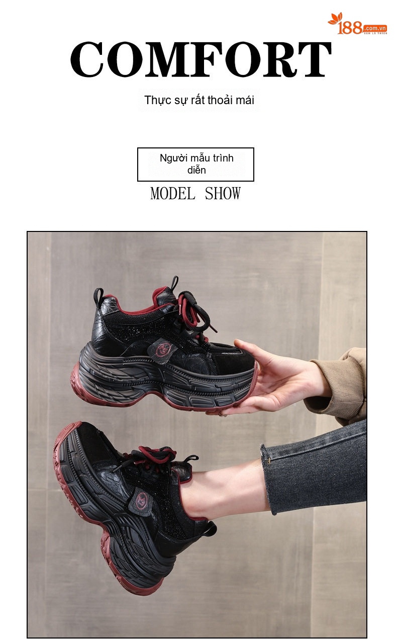 Giày Sneaker Nữ Đế Cao Thời Trang Đính Đá Chiều Cao Đế 8cm Màu Đen, Xám chi tiết 12