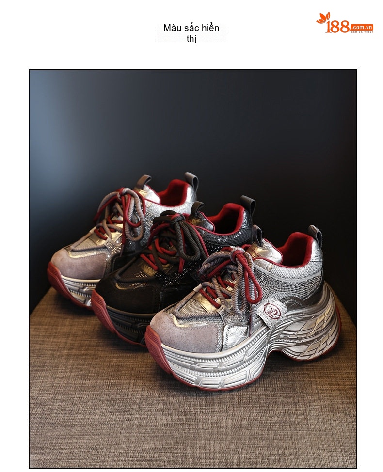 Giày Sneaker Nữ Đế Cao Thời Trang Đính Đá Chiều Cao Đế 8cm Màu Đen, Xám chi tiết 19