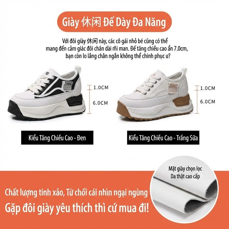 Giày Sneaker Nữ Đế Cao Vừa Vải Canvas Chiều Cao Đế Khoảng 6cm Màu Trắng, Đen
