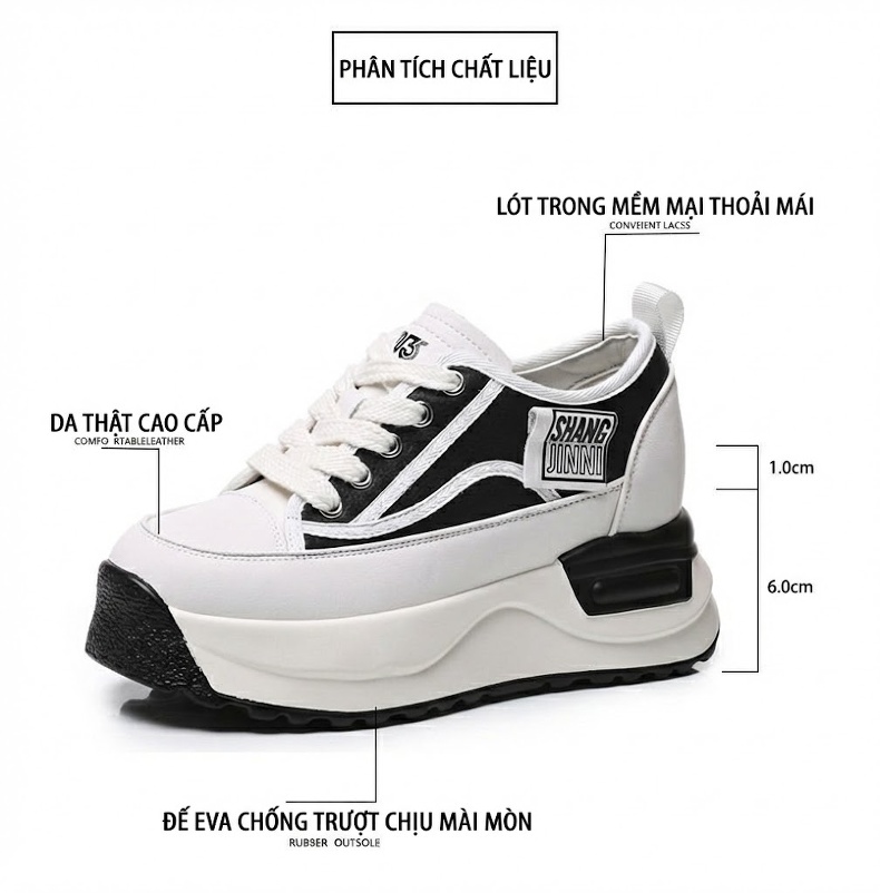 Giày Sneaker Nữ Đế Cao Vừa Vải Canvas Chiều Cao Đế Khoảng 6cm Màu Trắng, Đen chi tiết 3