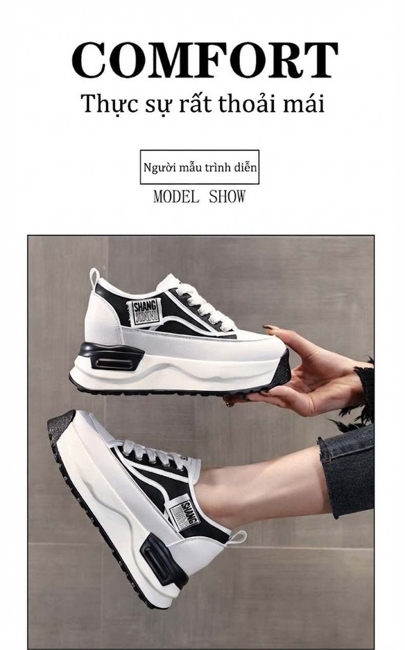Giày Sneaker Nữ Đế Cao Vừa Vải Canvas Chiều Cao Đế Khoảng 6cm Màu Trắng, Đen chi tiết 12