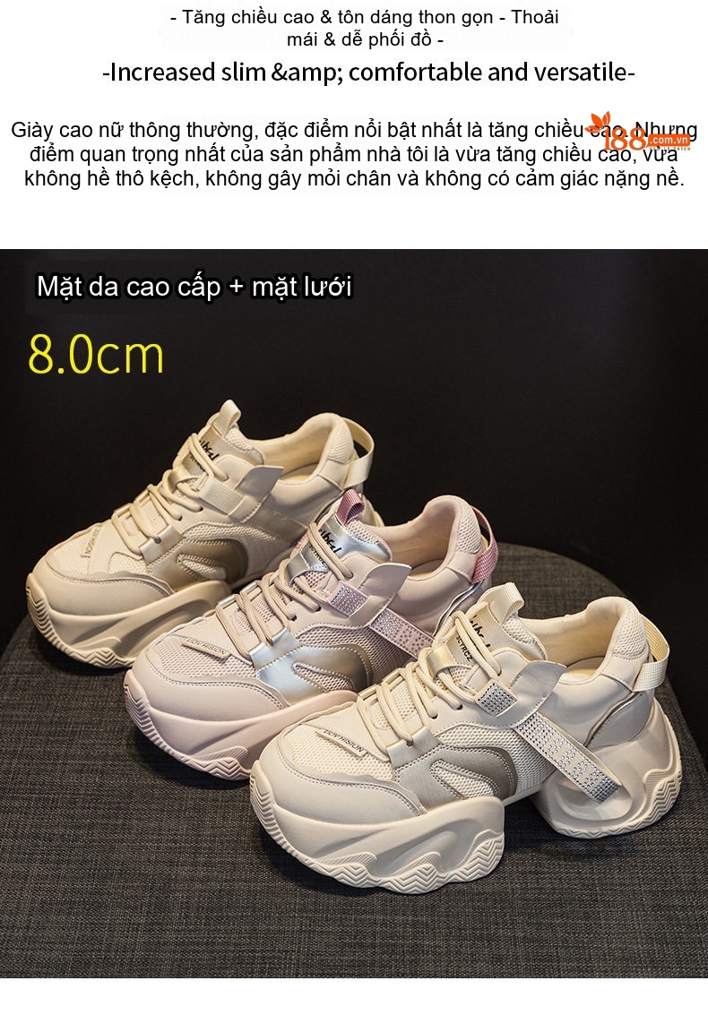 Giày Sneaker Nữ Đế Dày Chiều Cao 8cm Phong Cách Thời Trang Màu Trắng, Kem chi tiết 2