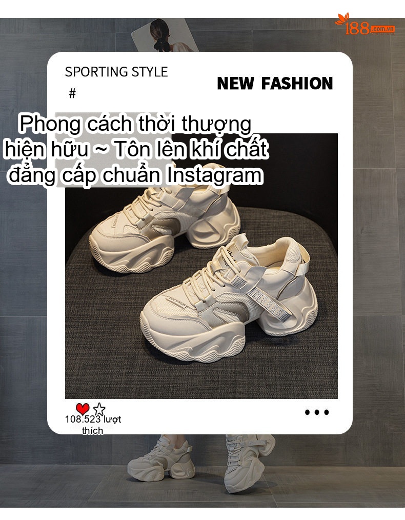 Giày Sneaker Nữ Đế Dày Chiều Cao 8cm Phong Cách Thời Trang Màu Trắng, Kem chi tiết 3