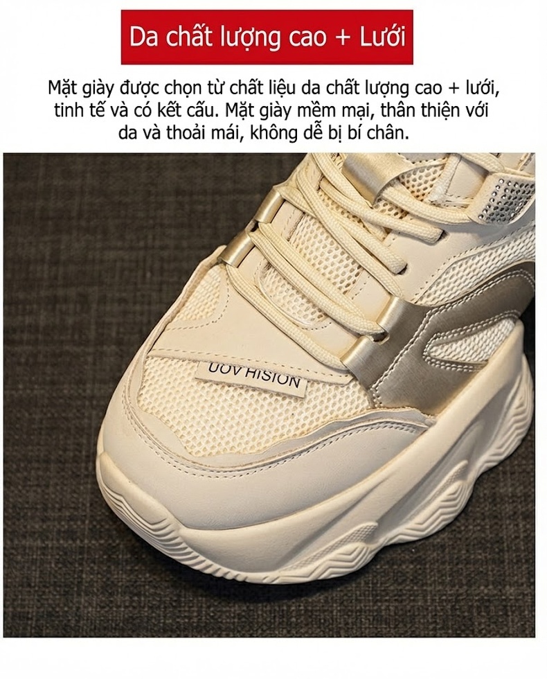 Giày Sneaker Nữ Đế Dày Chiều Cao 8cm Phong Cách Thời Trang Màu Trắng, Kem chi tiết 7