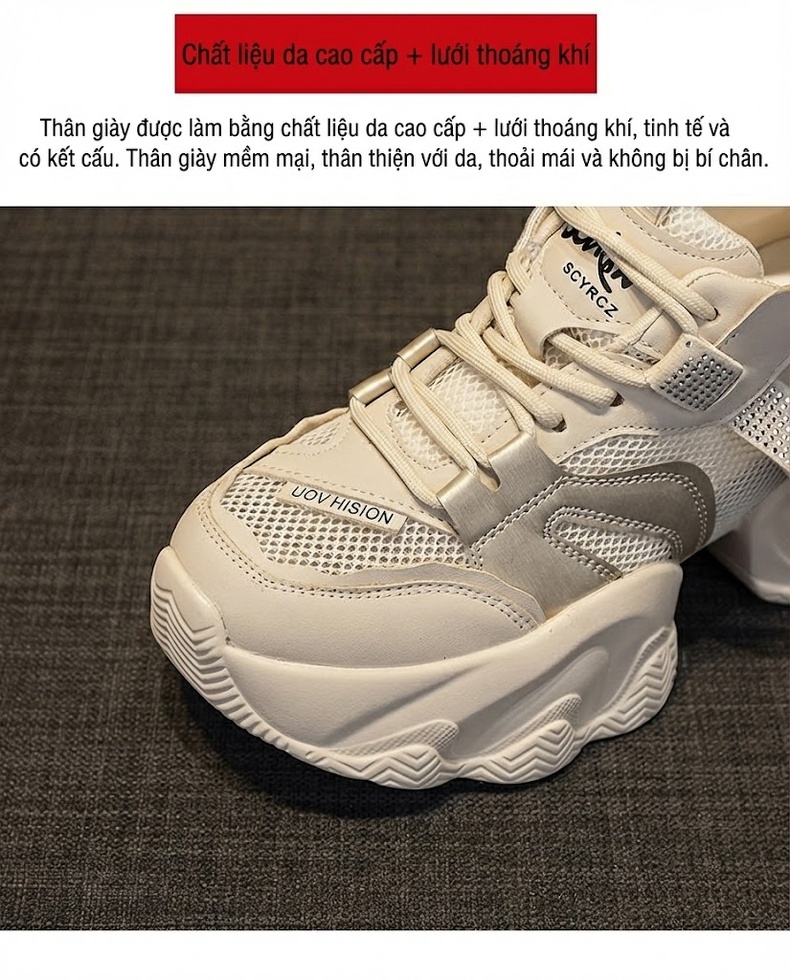 Giày Sneaker Nữ Đế Dày Chiều Cao 8cm Phong Cách Thời Trang Màu Trắng, Kem chi tiết 19
