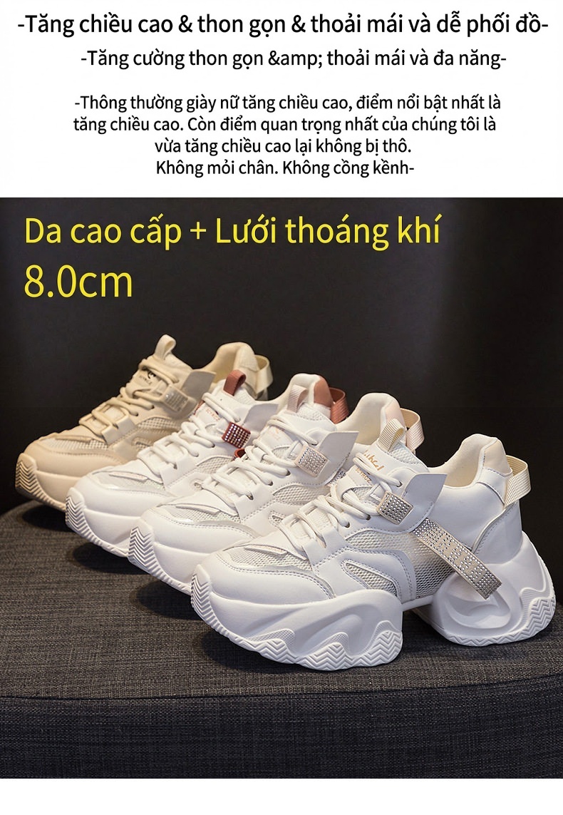 Giày Sneaker Nữ Đế Dày Chiều Cao 8cm Phong Cách Thời Trang Màu Trắng, Kem chi tiết 14