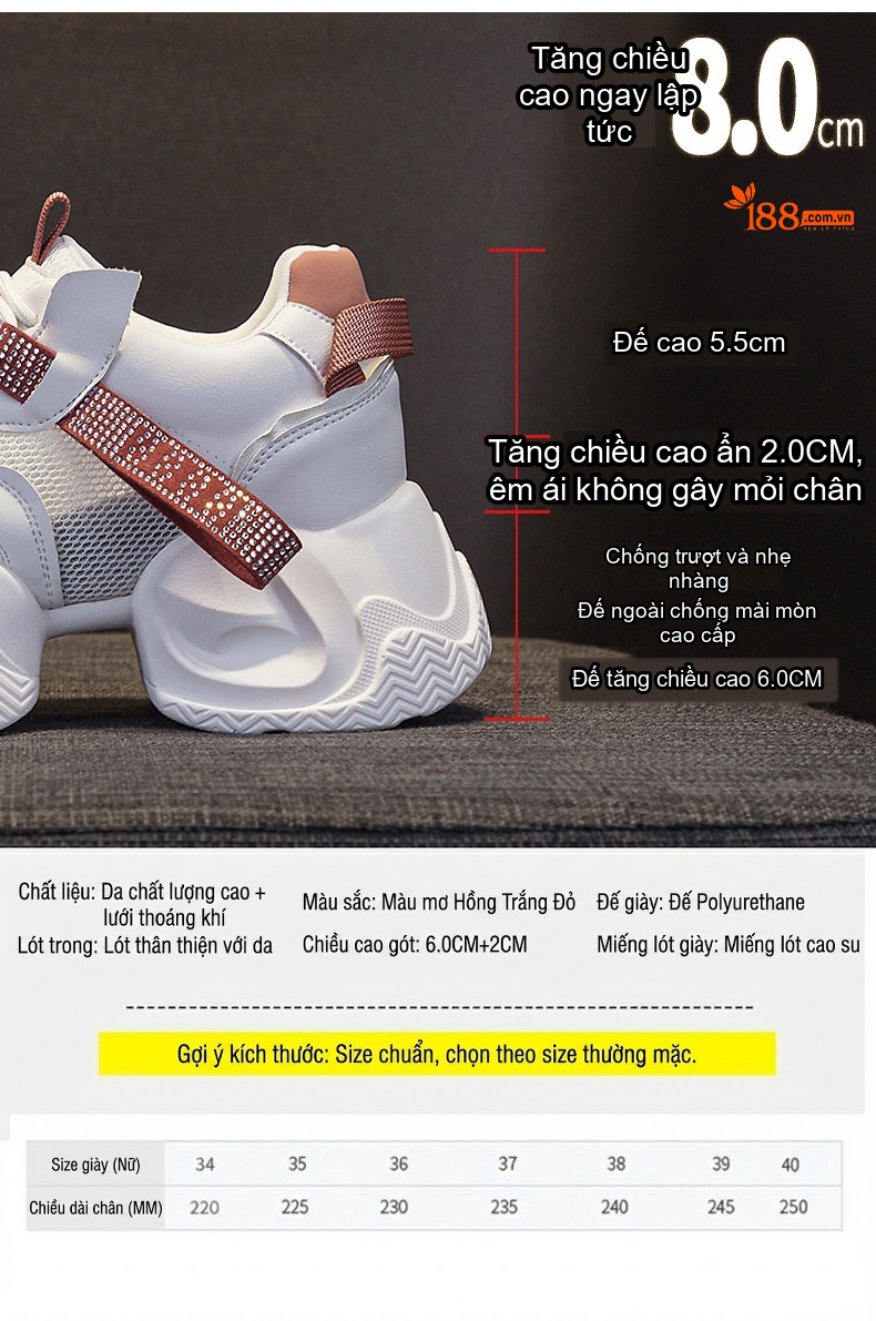 Giày Sneaker Nữ Đế Dày Chiều Cao 8cm Phong Cách Thời Trang Màu Trắng, Kem chi tiết 16