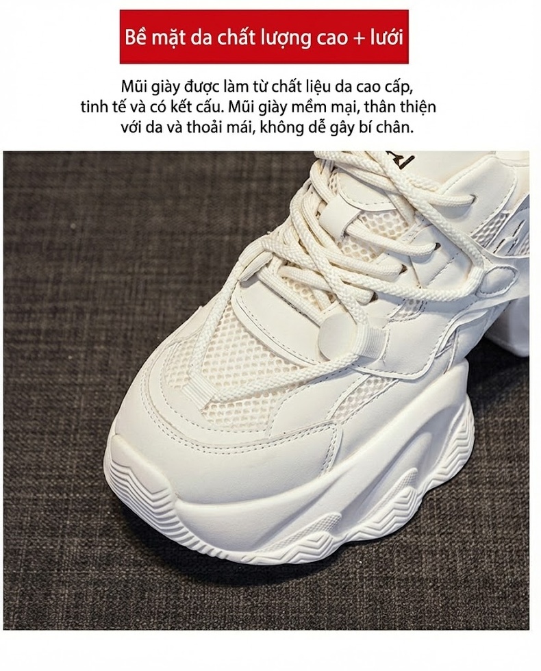 Giày Sneaker Nữ Đế Dày Chiều Cao 8cm Tăng Chiều Cao Thời Trang Phong Cách Hàn Quốc Màu Trắng, Be, Đen... chi tiết 7