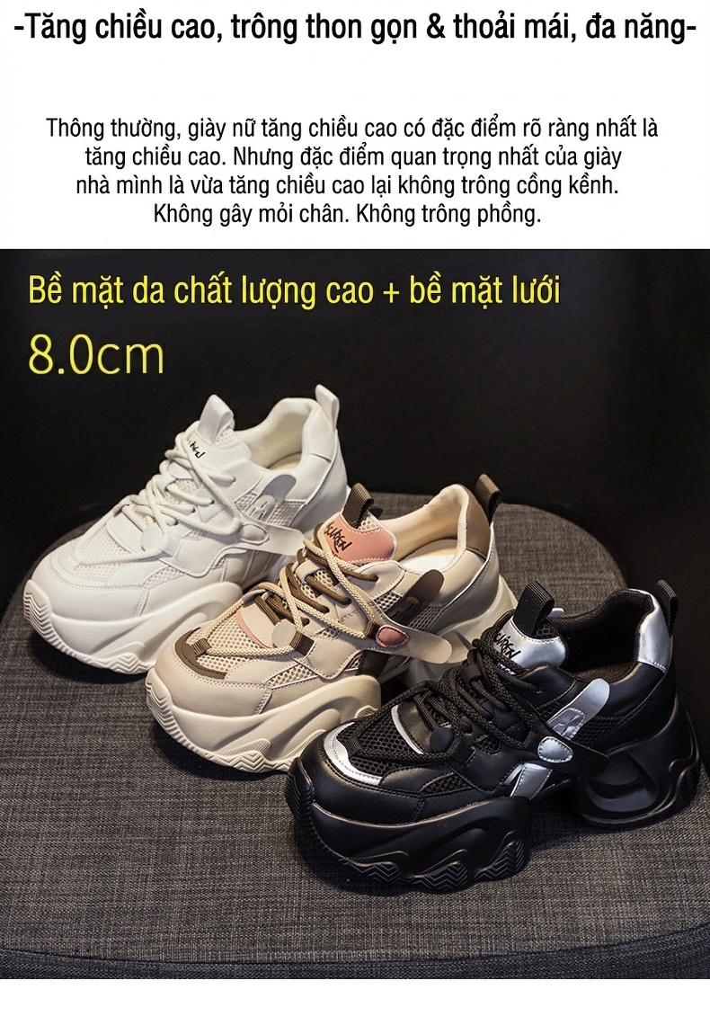Giày Sneaker Nữ Đế Dày Chiều Cao 8cm Tăng Chiều Cao Thời Trang Phong Cách Hàn Quốc Màu Trắng, Be, Đen... chi tiết 2