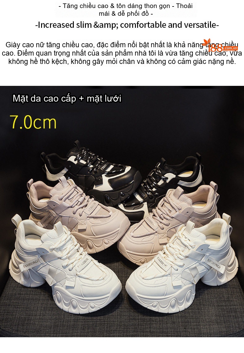 Giày Sneaker Nữ Đế Dày Chiều Cao Đế Khoảng 5cm Phong Cách Thời Trang Màu Trắng, Đen, Xám, Kem... chi tiết 2