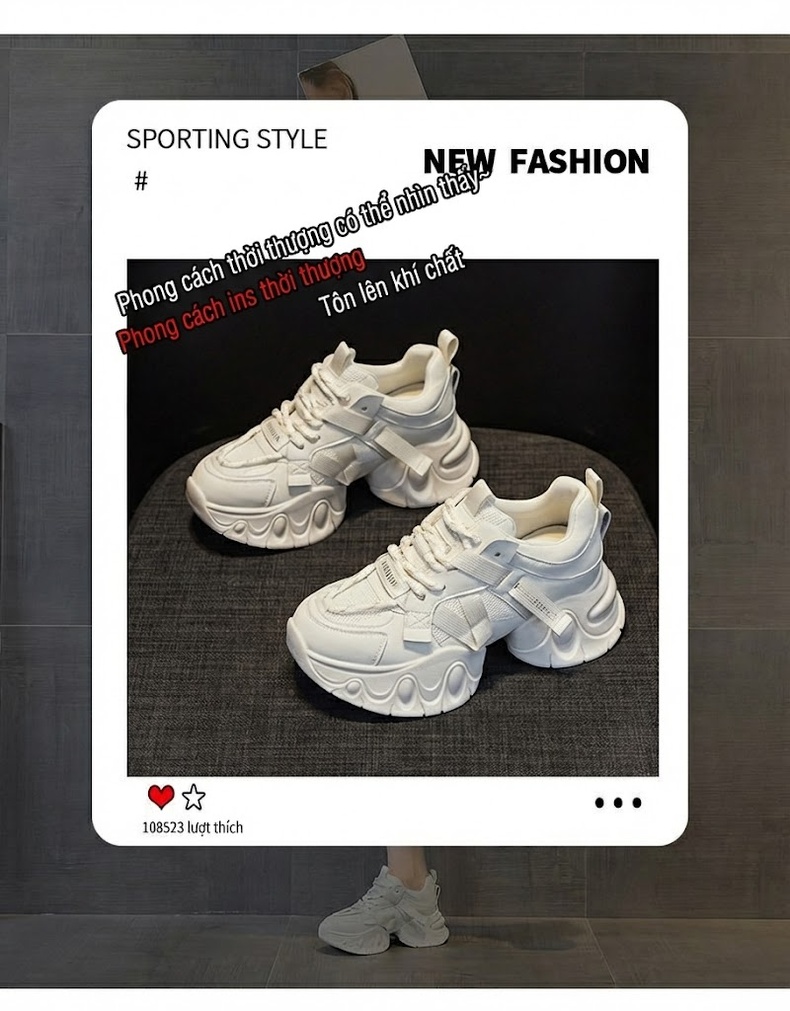 Giày Sneaker Nữ Đế Dày Chiều Cao Đế Khoảng 5cm Phong Cách Thời Trang Màu Trắng, Đen, Xám, Kem... chi tiết 3