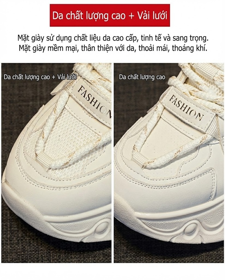Giày Sneaker Nữ Đế Dày Chiều Cao Đế Khoảng 5cm Phong Cách Thời Trang Màu Trắng, Đen, Xám, Kem... chi tiết 8