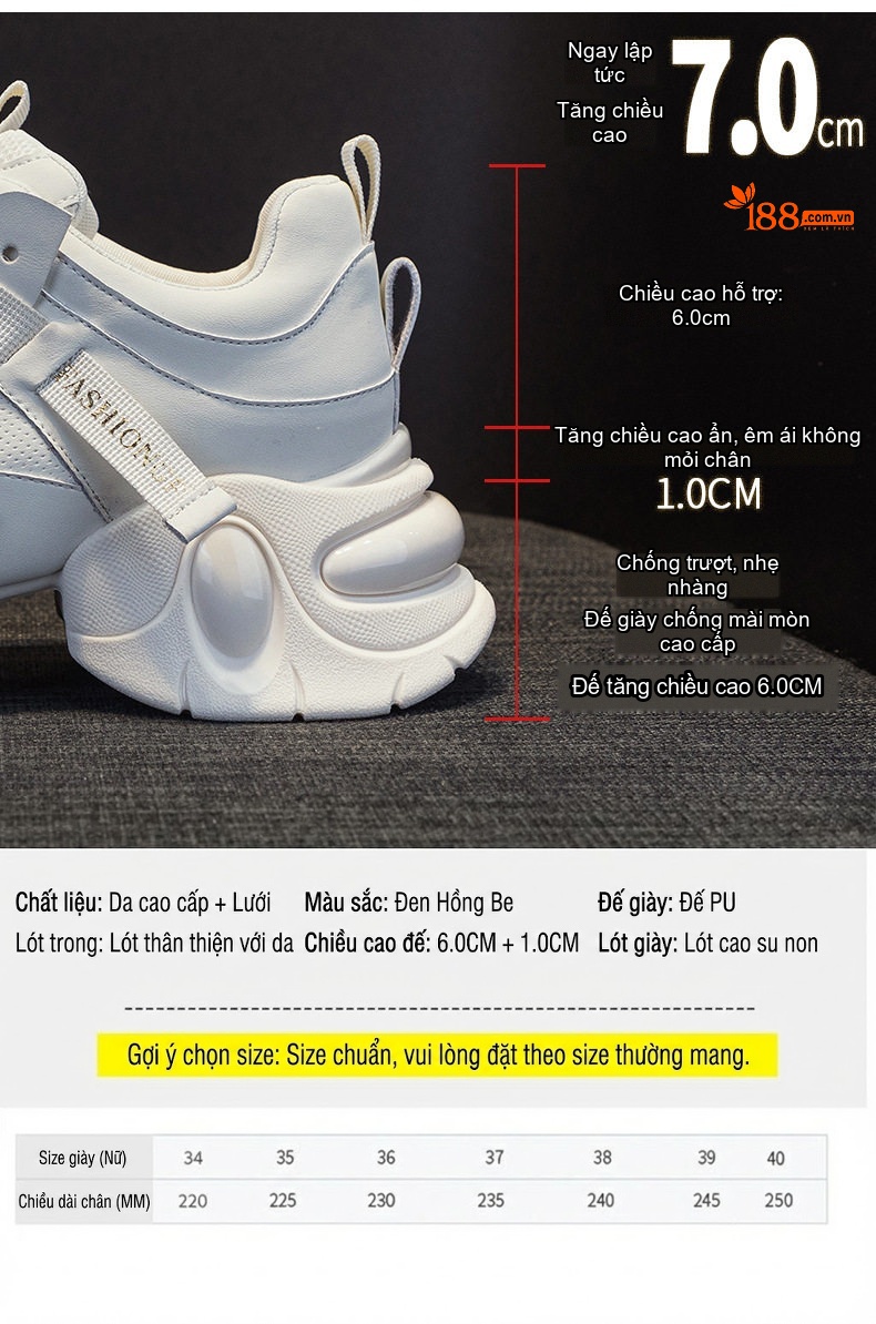 Giày Sneaker Nữ Đế Dày Chiều Cao Đế Khoảng 5cm Phong Cách Thời Trang Màu Trắng, Đen, Xám, Kem... chi tiết 5