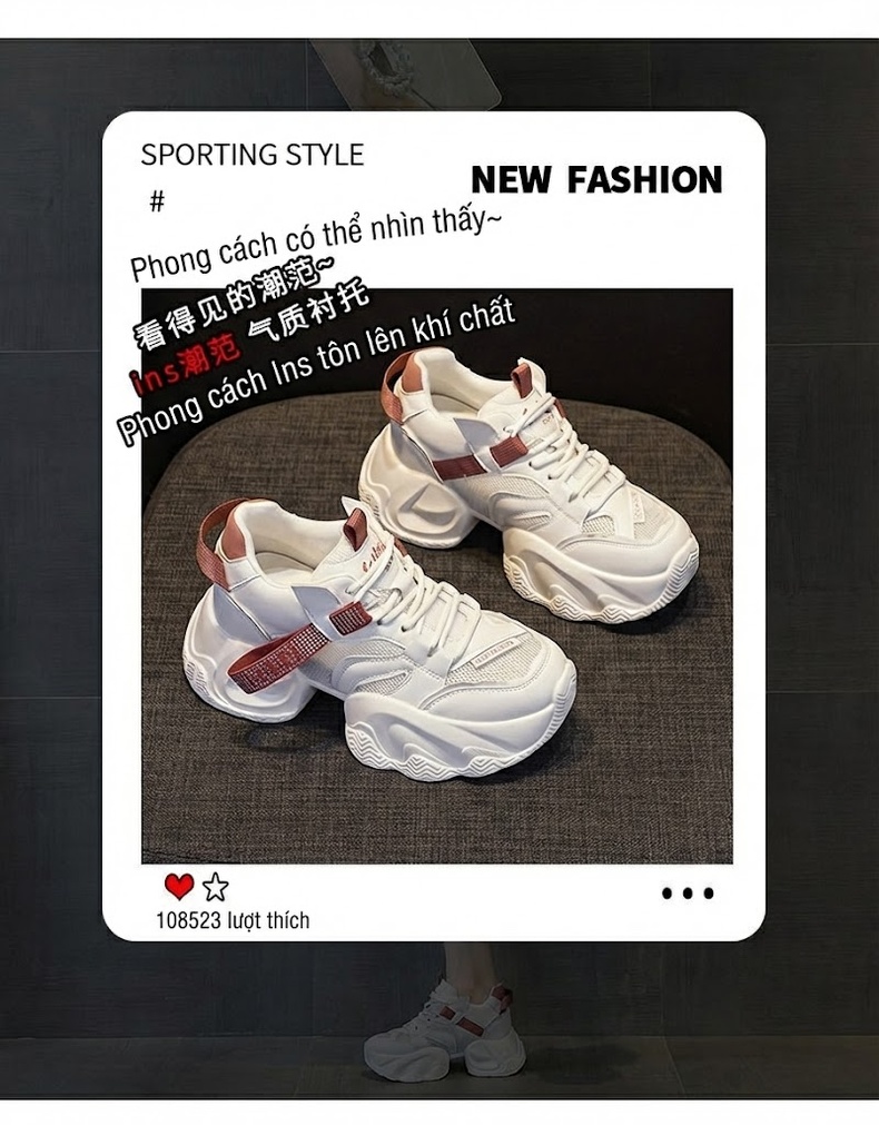 Giày Sneaker Nữ Đế Dày Chiều Cao Đế Khoảng 5cm Phong Cách Thời Trang Màu Trắng, Kem, Hồng, Be... chi tiết 3