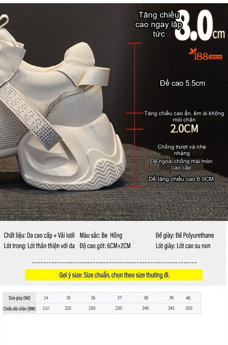 Giày Sneaker Nữ Đế Dày Chiều Cao Đế Khoảng 5cm Phong Cách Thời Trang Màu Trắng, Kem, Hồng, Be... chi tiết 9