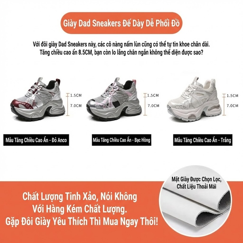 Giày Sneaker Nữ Đế Dày Chiều Cao Đế Khoảng 7cm Phong Cách Ulzzang Màu Trắng, Bạc, Đỏ