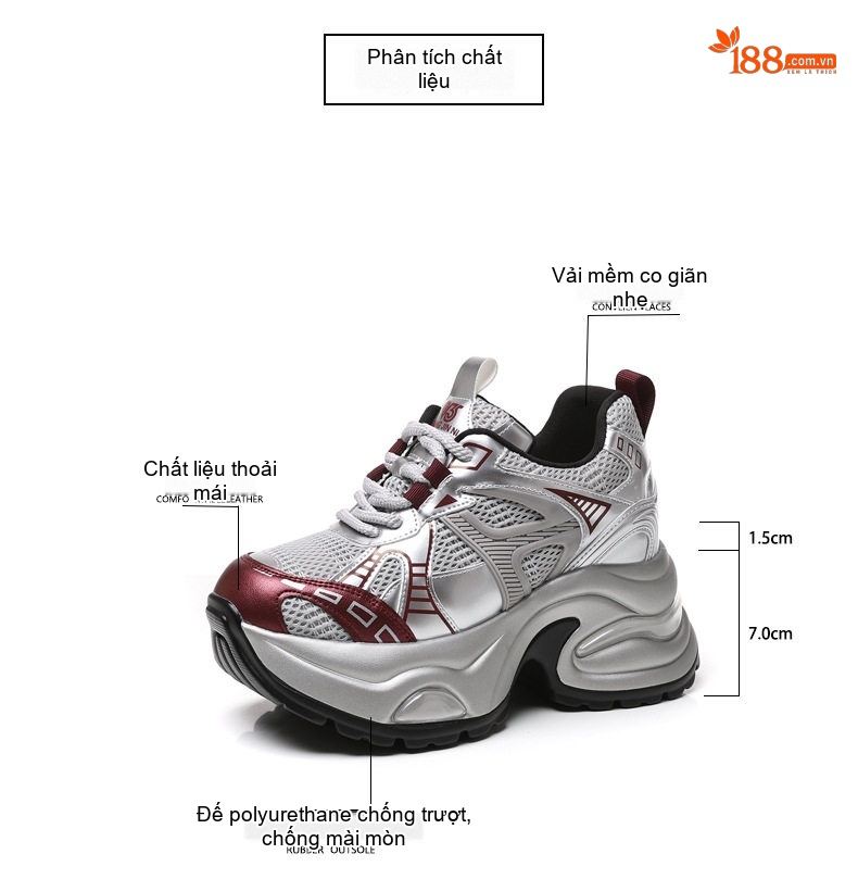 Giày Sneaker Nữ Đế Dày Chiều Cao Đế Khoảng 7cm Phong Cách Ulzzang Màu Trắng, Bạc, Đỏ chi tiết 3