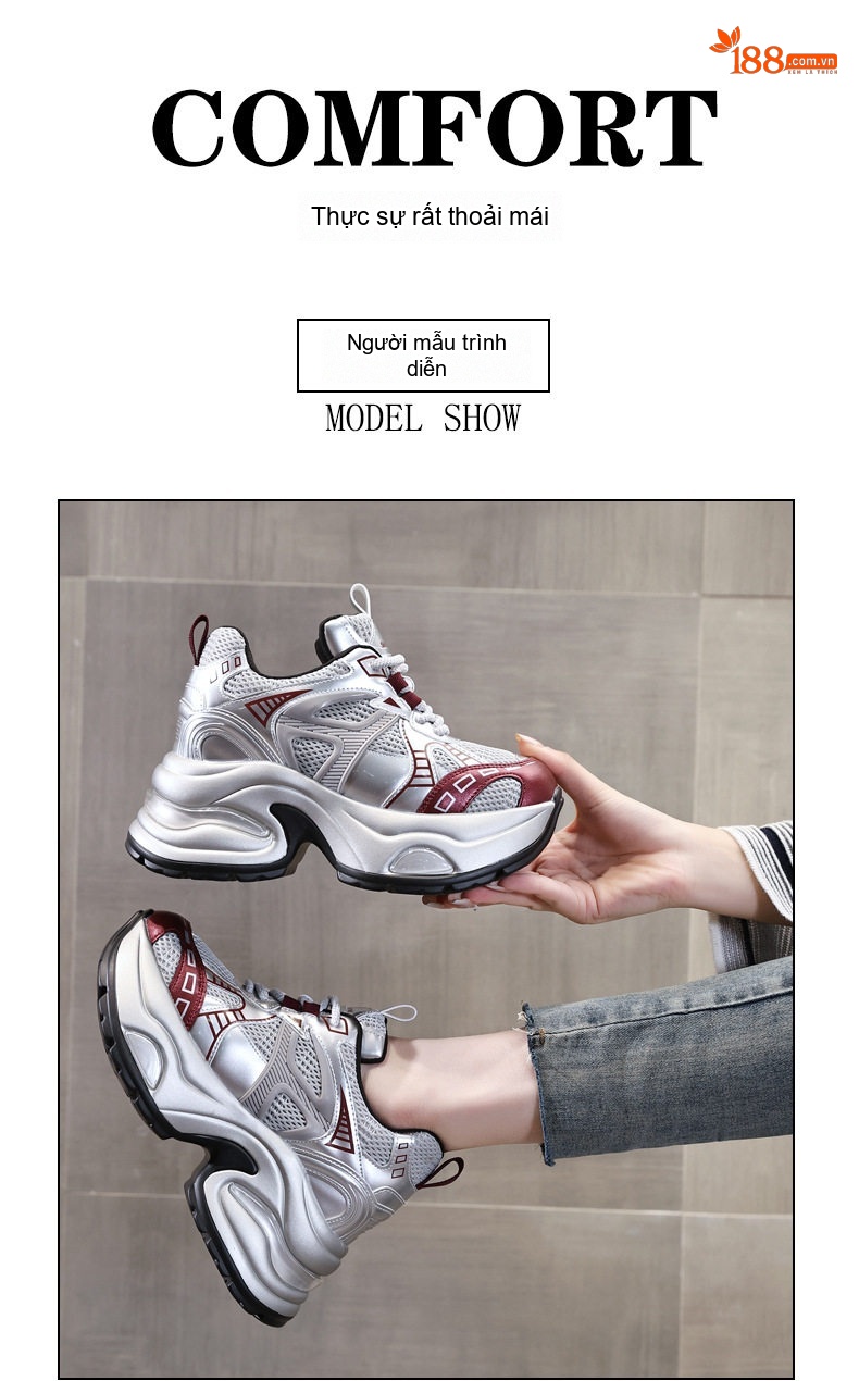 Giày Sneaker Nữ Đế Dày Chiều Cao Đế Khoảng 7cm Phong Cách Ulzzang Màu Trắng, Bạc, Đỏ chi tiết 12