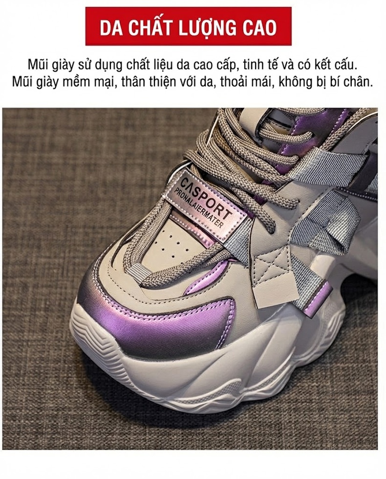 Giày Sneaker Nữ Đế Dày Dặn Chiều Cao 8cm Phong Cách Thời Trang Có Dây Màu Xám, Đen, Nâu chi tiết 7