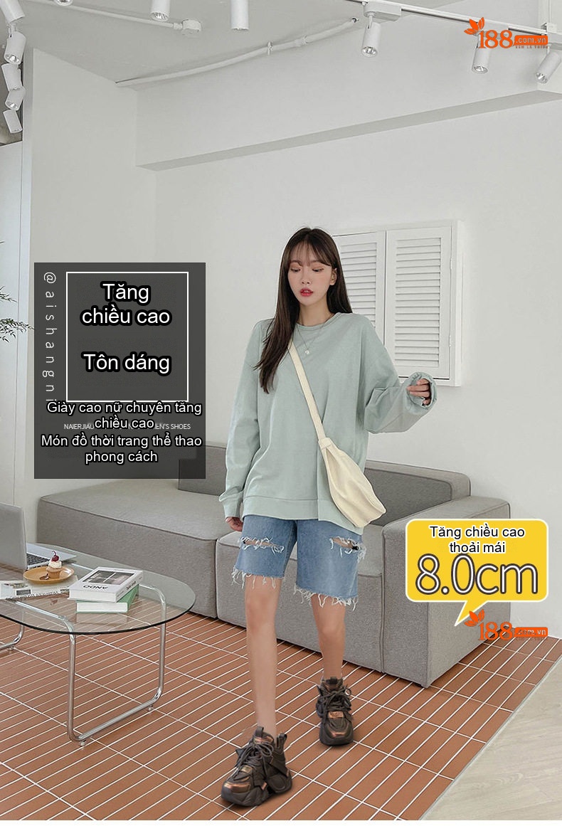 Giày Sneaker Nữ Đế Dày Dặn Chiều Cao 8cm Phong Cách Thời Trang Có Dây Màu Xám, Đen, Nâu chi tiết 1