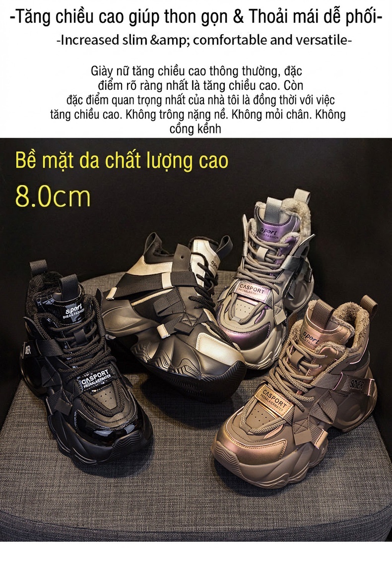 Giày Sneaker Nữ Đế Dày Dặn Chiều Cao 8cm Phong Cách Thời Trang Có Dây Màu Xám, Đen, Nâu chi tiết 2