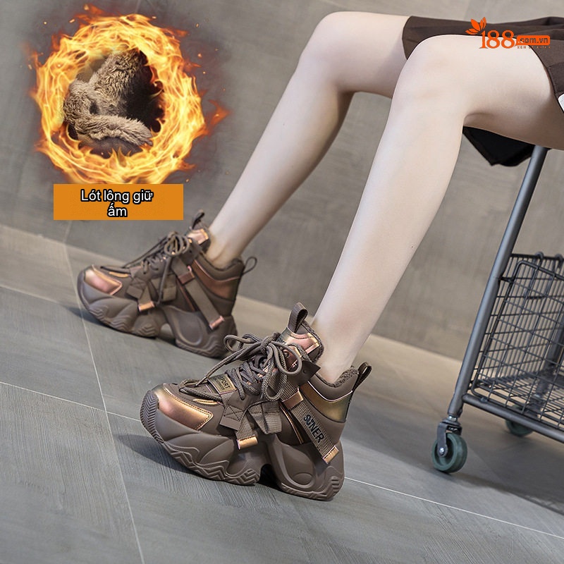 Giày Sneaker Nữ Đế Dày Dặn Chiều Cao 8cm Phong Cách Thời Trang Có Dây Màu Xám, Đen, Nâu