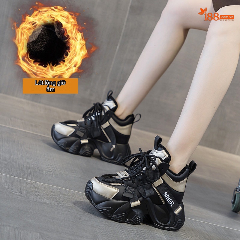 Giày Sneaker Nữ Đế Dày Dặn Chiều Cao 8cm Phong Cách Thời Trang Có Dây Màu Xám, Đen, Nâu