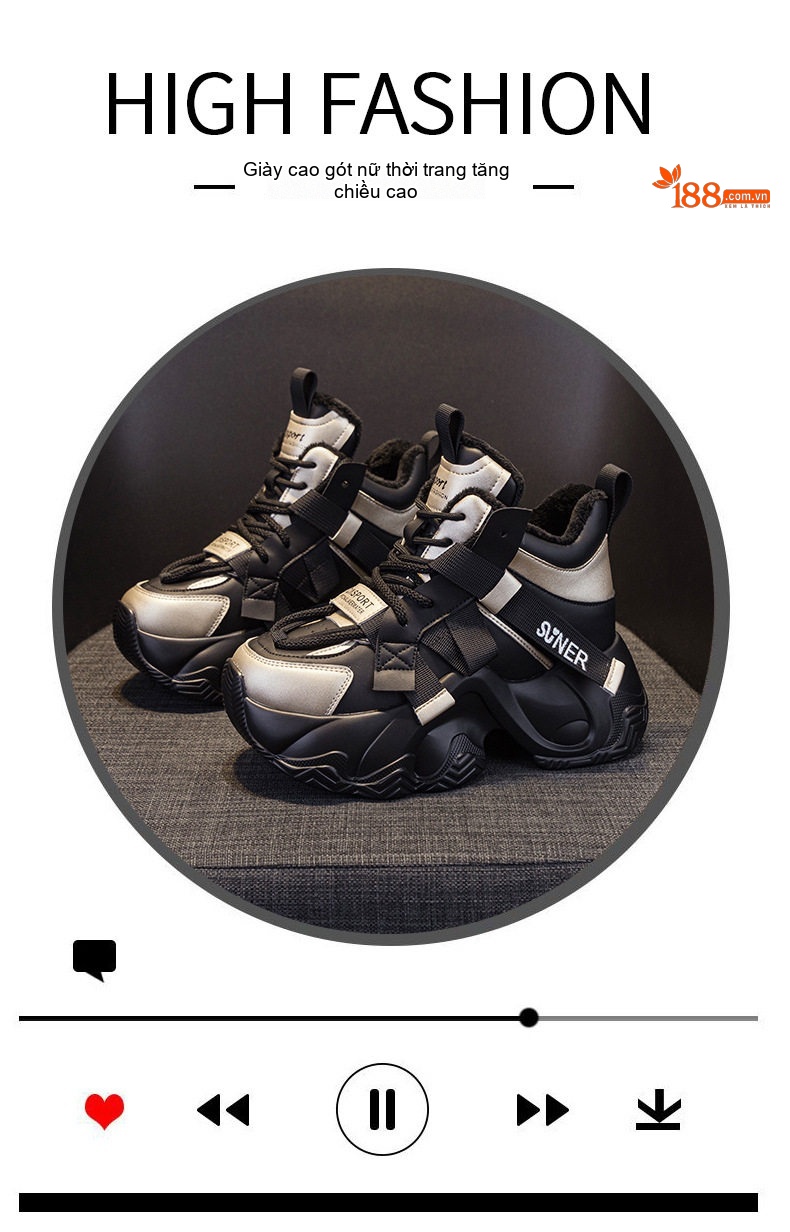 Giày Sneaker Nữ Đế Dày Dặn Chiều Cao 8cm Phong Cách Thời Trang Có Dây Màu Xám, Đen, Nâu chi tiết 5