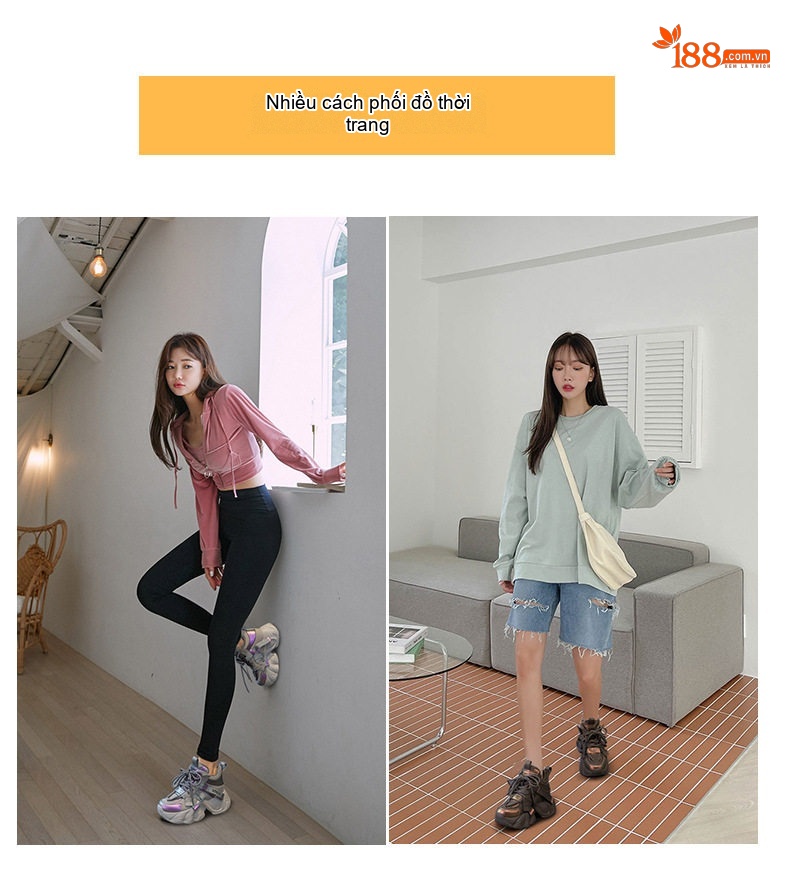 Giày Sneaker Nữ Đế Dày Dặn Chiều Cao 8cm Phong Cách Thời Trang Có Dây Màu Xám, Đen, Nâu chi tiết 6