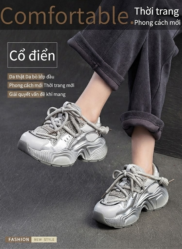 Giày Sneaker Nữ Đế Dày Dây Buộc Phong Cách Thời Trang Chiều Cao Đế Khoảng 5cm Màu Đen, Xám chi tiết 1