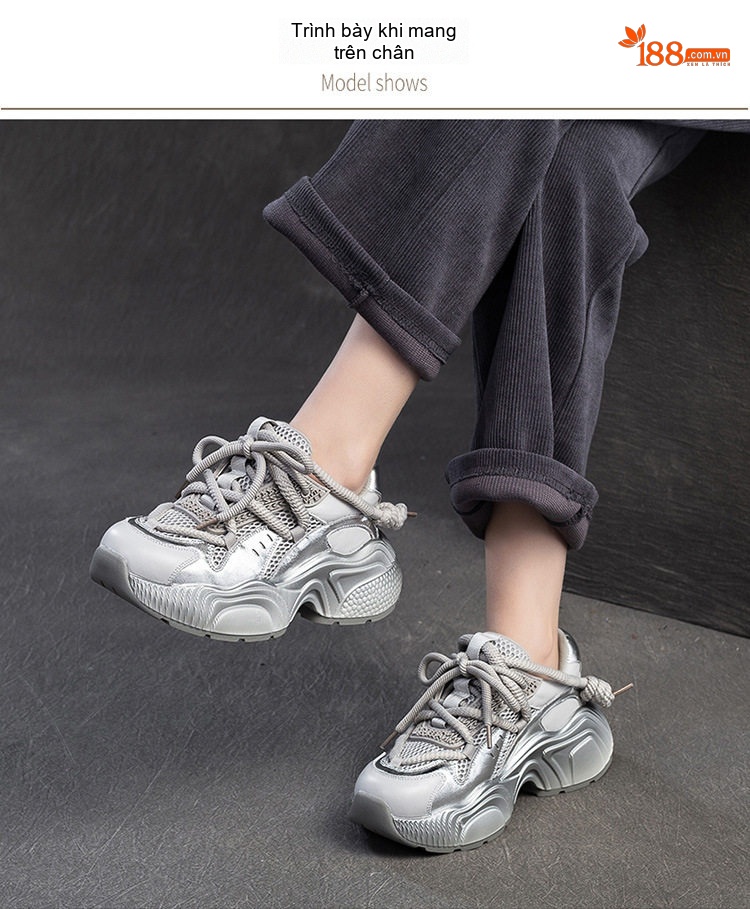 Giày Sneaker Nữ Đế Dày Dây Buộc Phong Cách Thời Trang Chiều Cao Đế Khoảng 5cm Màu Đen, Xám chi tiết 7
