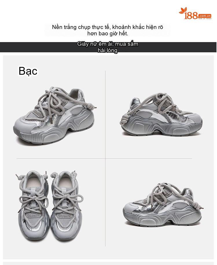 Giày Sneaker Nữ Đế Dày Dây Buộc Phong Cách Thời Trang Chiều Cao Đế Khoảng 5cm Màu Đen, Xám chi tiết 16