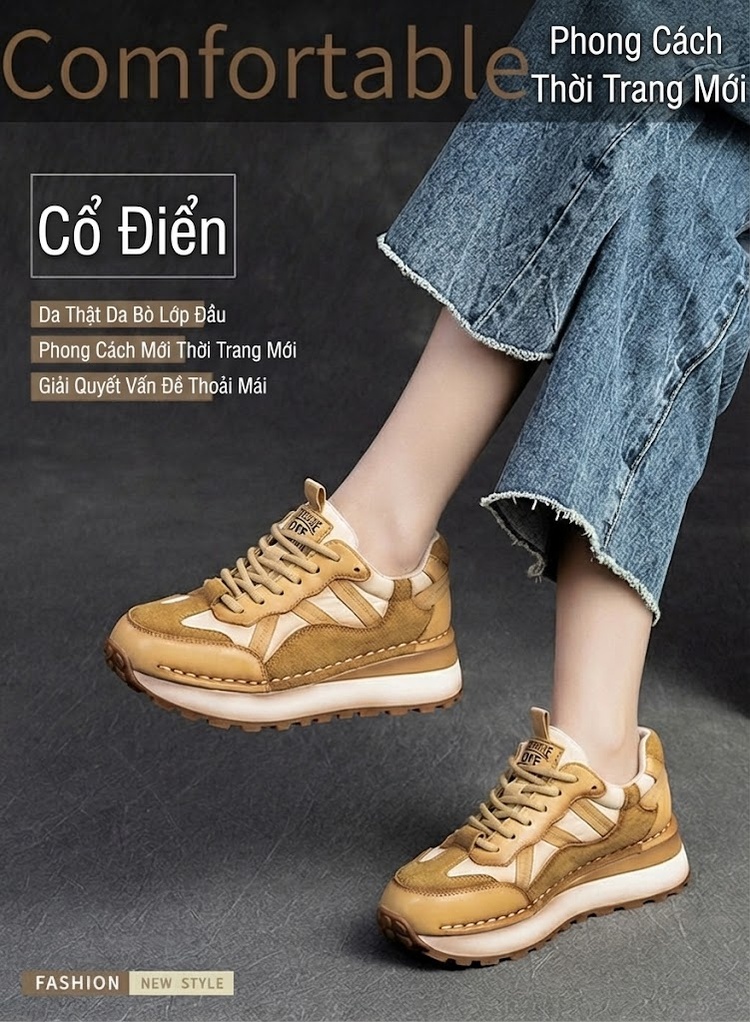 Giày Sneaker Nữ Đế Dày Phối Màu Phong Cách Retro Chiều Cao Đế Khoảng 4cm Màu Đỏ, Nâu, Be, Trắng... chi tiết 1