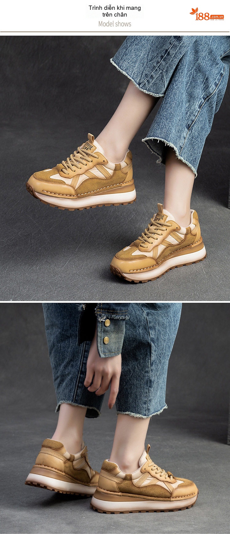 Giày Sneaker Nữ Đế Dày Phối Màu Phong Cách Retro Chiều Cao Đế Khoảng 4cm Màu Đỏ, Nâu, Be, Trắng... chi tiết 6