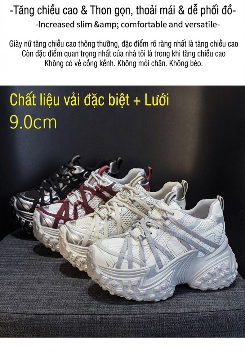 Giày Sneaker Nữ Đế Dày Phong Cách Retro Chiều Cao Đế Khoảng 5cm Màu Trắng, Đen chi tiết 2