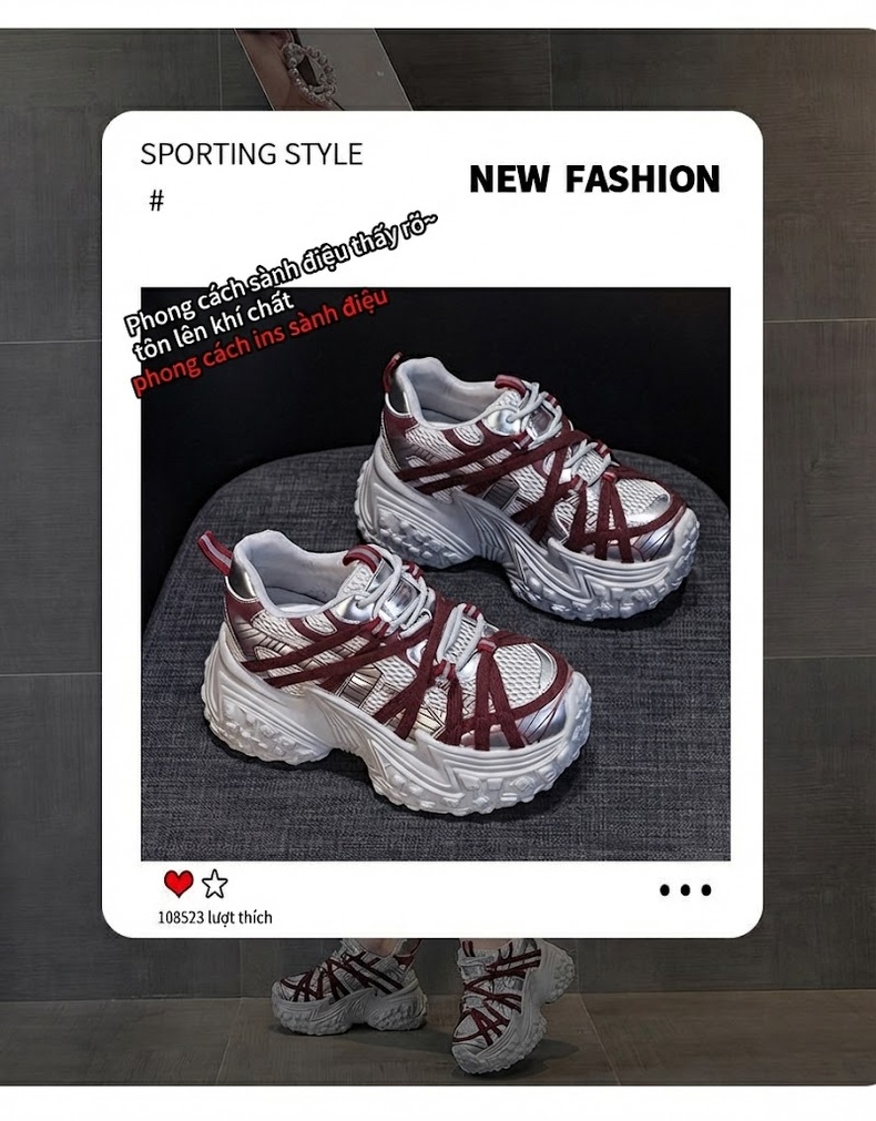 Giày Sneaker Nữ Đế Dày Phong Cách Retro Chiều Cao Đế Khoảng 5cm Màu Trắng, Đen chi tiết 3