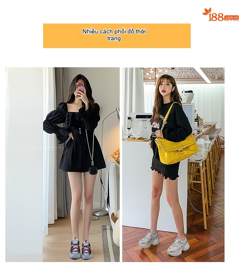 Giày Sneaker Nữ Đế Dày Phong Cách Retro Chiều Cao Đế Khoảng 5cm Màu Trắng, Đen chi tiết 7