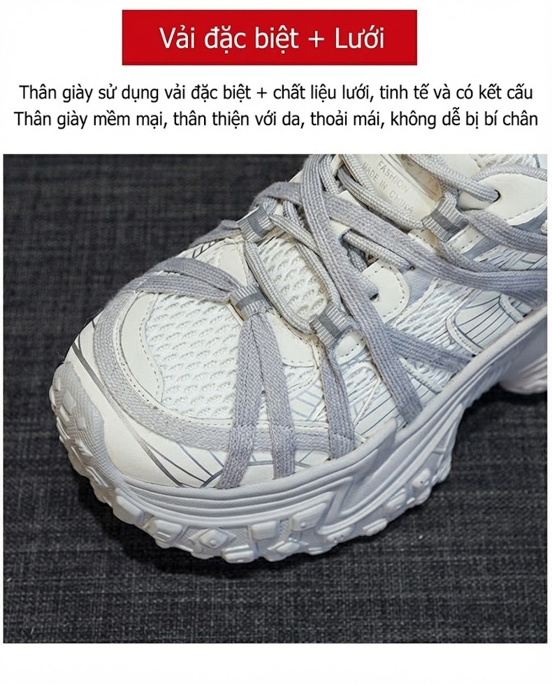 Giày Sneaker Nữ Đế Dày Phong Cách Retro Chiều Cao Đế Khoảng 5cm Màu Trắng, Đen chi tiết 8