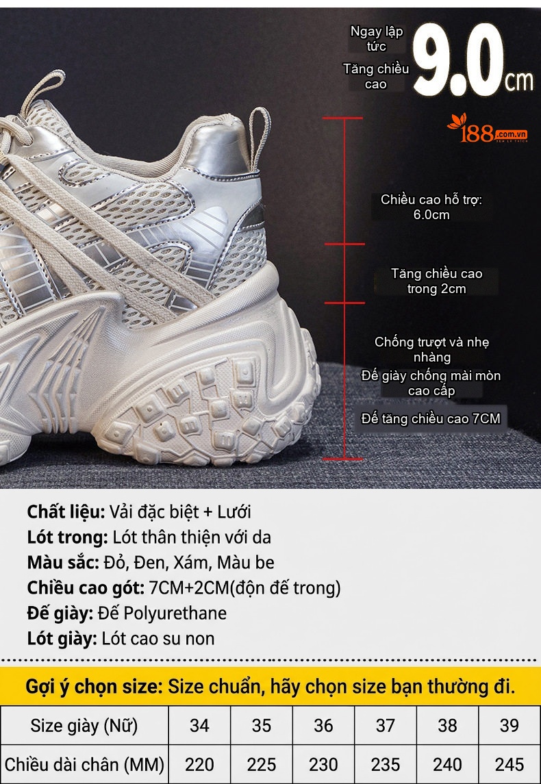 Giày Sneaker Nữ Đế Dày Phong Cách Retro Chiều Cao Đế Khoảng 5cm Màu Trắng, Đen chi tiết 5