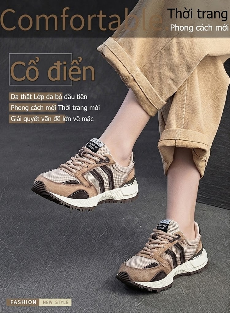 Giày Sneaker Nữ Đế Dày Phong Cách Retro Phối Màu Chiều Cao Đế Khoảng 5cm Màu Nâu, Be chi tiết 2