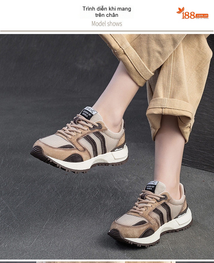Giày Sneaker Nữ Đế Dày Phong Cách Retro Phối Màu Chiều Cao Đế Khoảng 5cm Màu Nâu, Be chi tiết 6